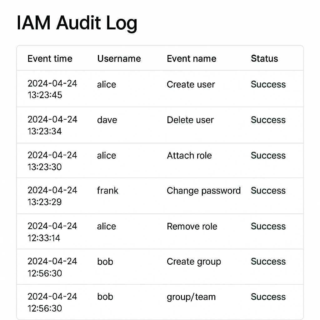 Een audit-export uit Joinly: per gebeurtenis het tijdstip, de gebruiker, de actie en het resultaat.