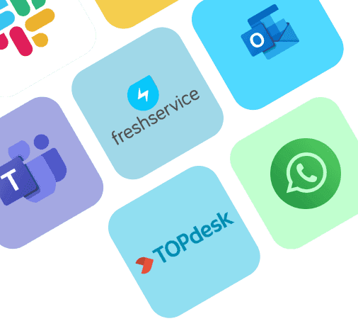 Logo's van ITSM- en workflowtools: Slack, Microsoft Teams, Outlook, Freshservice, TOPdesk en WhatsApp