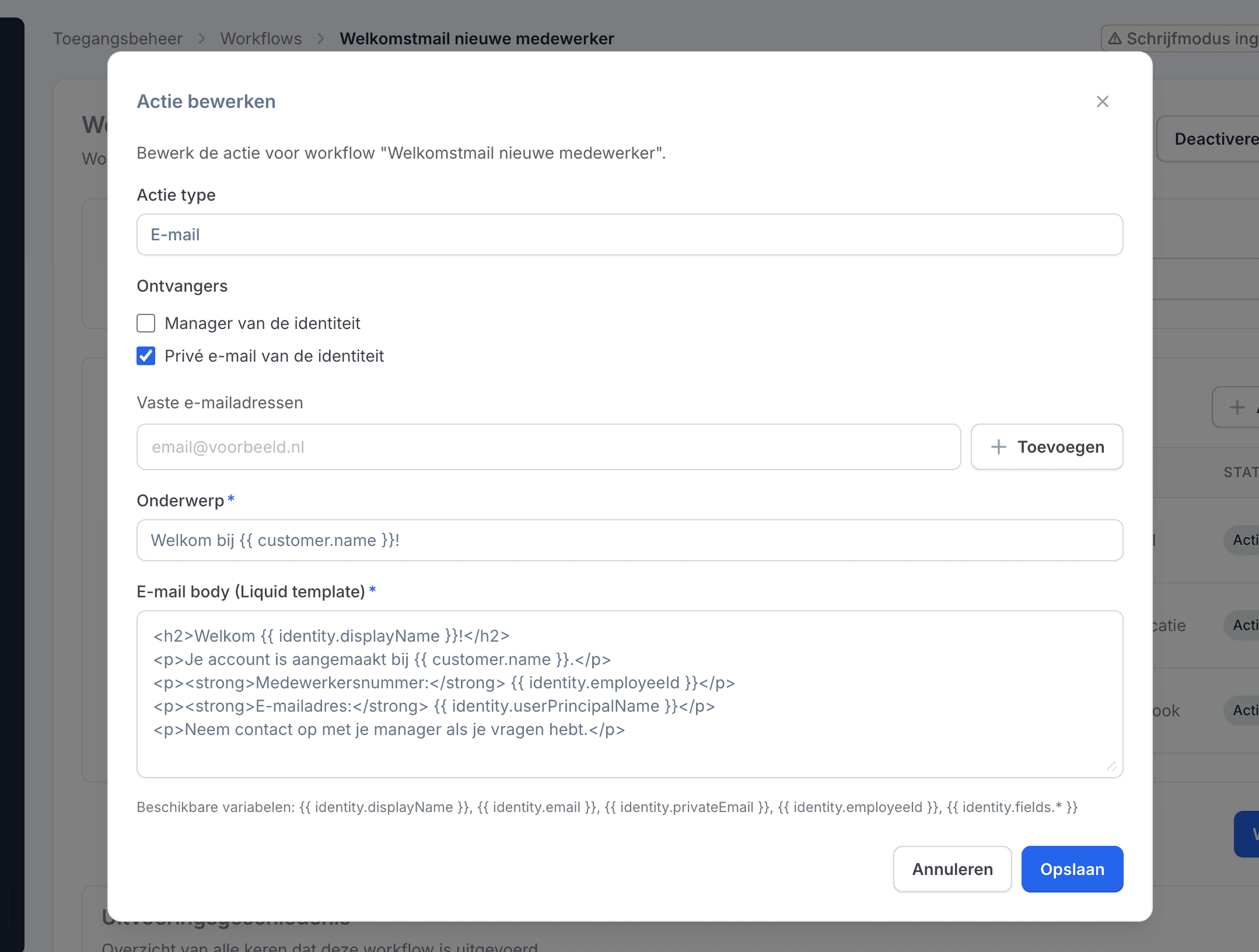 Een workflow-actie bewerken in Joinly: een e-mailactie met ontvangers, onderwerp en een e-mailbody als Liquid-template met identity-variabelen.