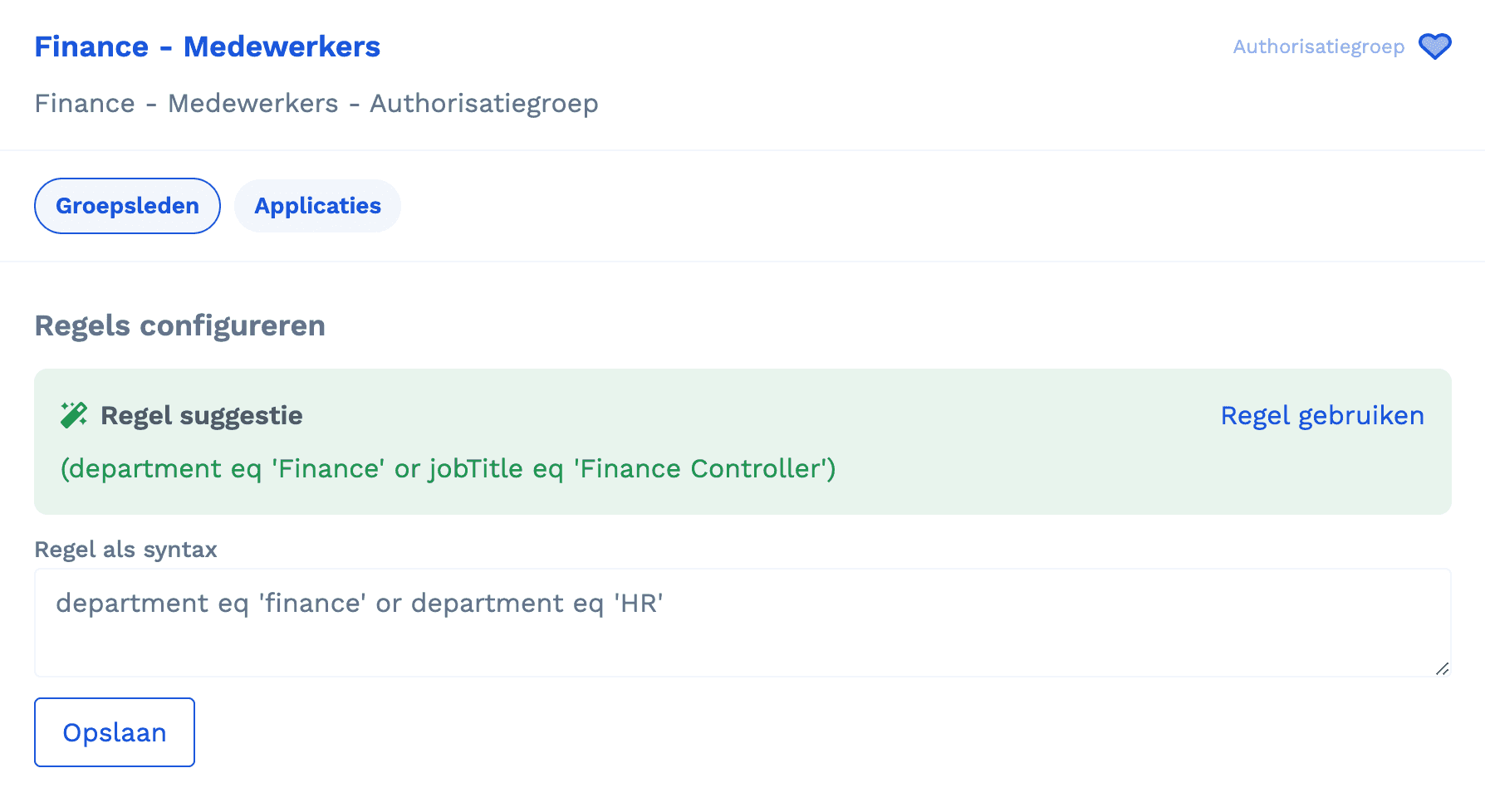 Een autorisatiegroep in Joinly waarvan het lidmaatschap wordt bepaald door een regel, met een voorgestelde regel en de syntax eronder.