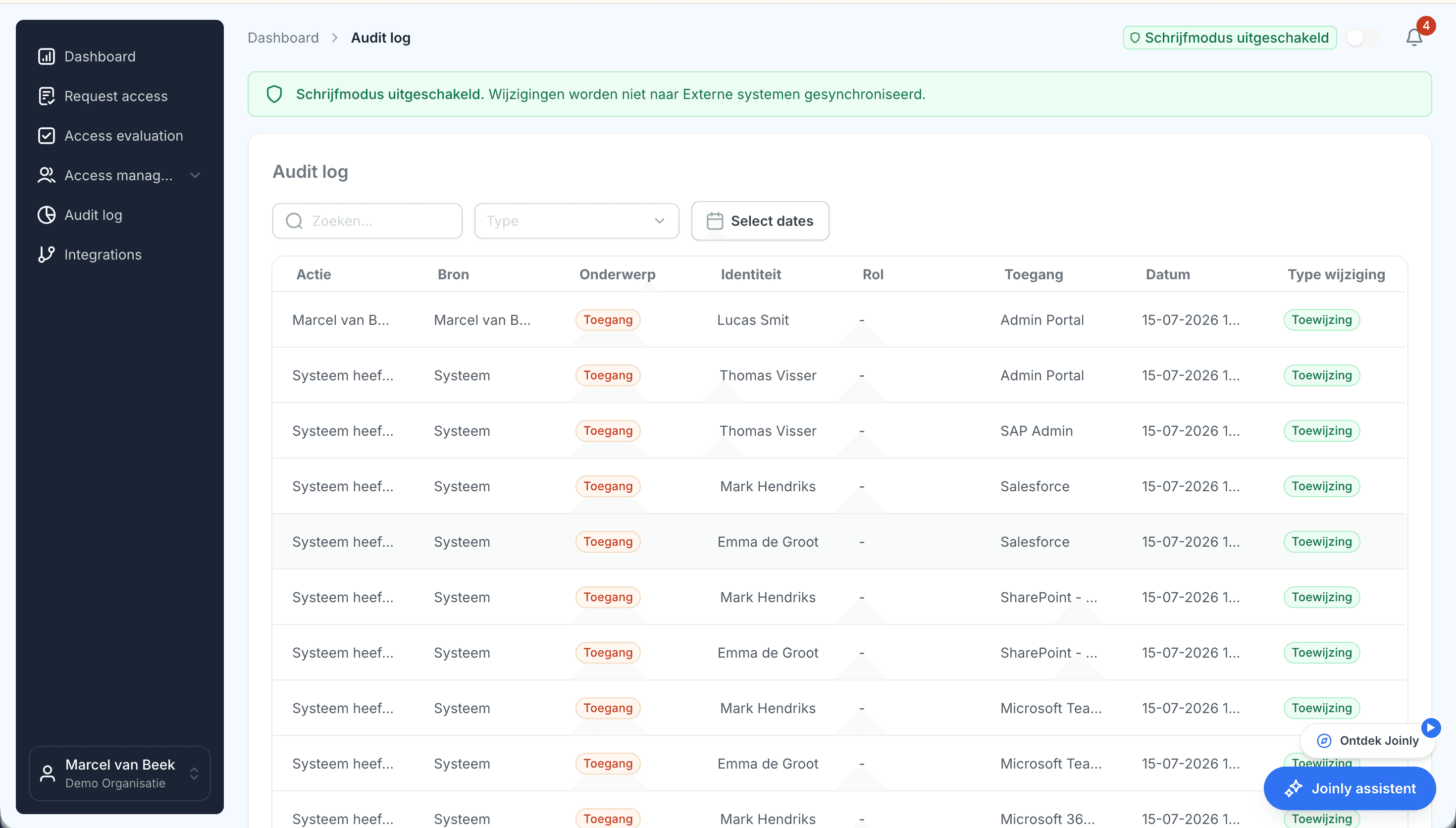 Het auditlog in Joinly: wie, wat, oud naar nieuw en uit welke bron.