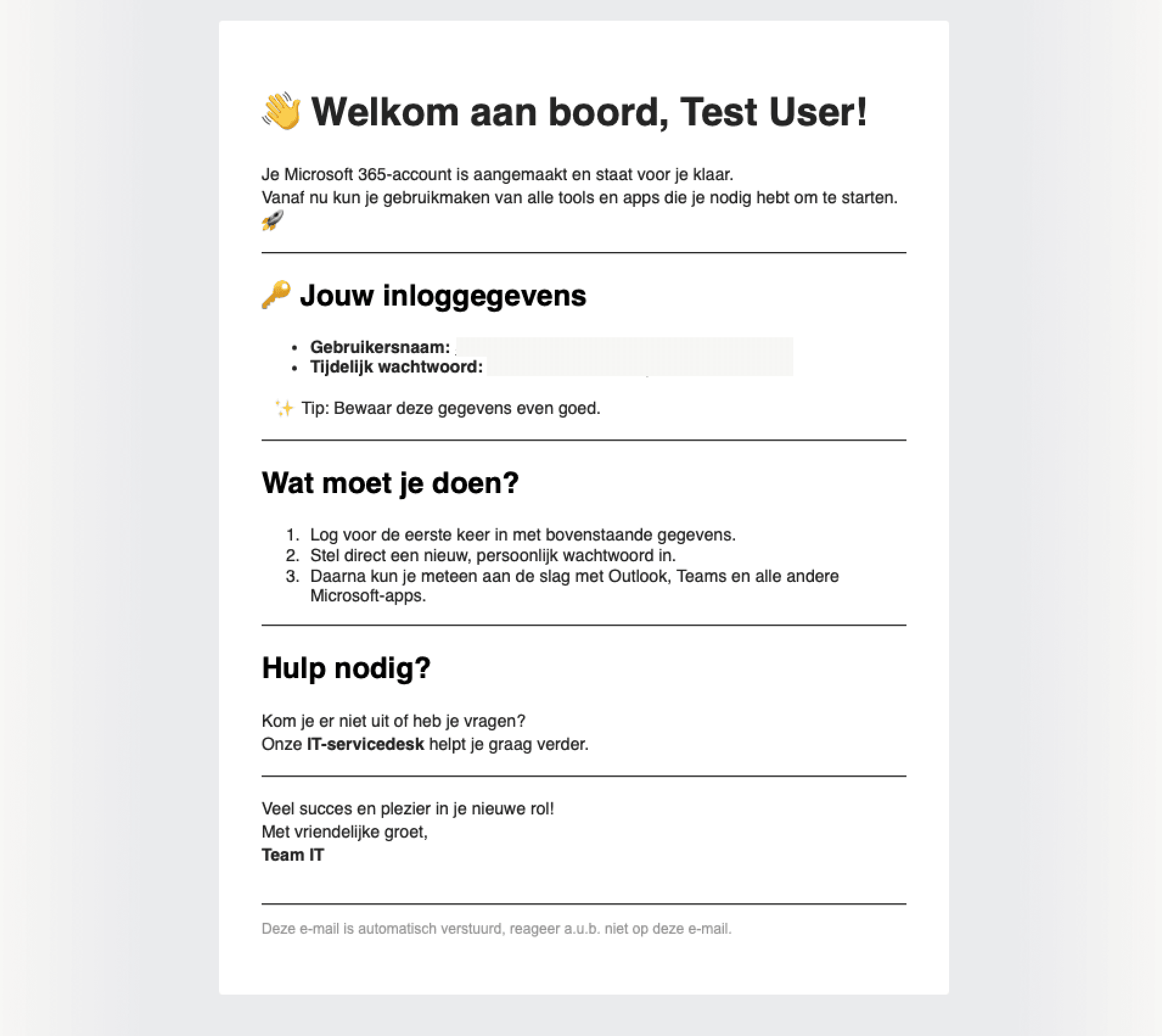 Een voorbeeld van een welkomstmail uit Joinly: 'Welkom aan boord, Test User!' met inloggegevens, een stappenlijst 'Wat moet je doen?' en contactgegevens van de IT-servicedesk.