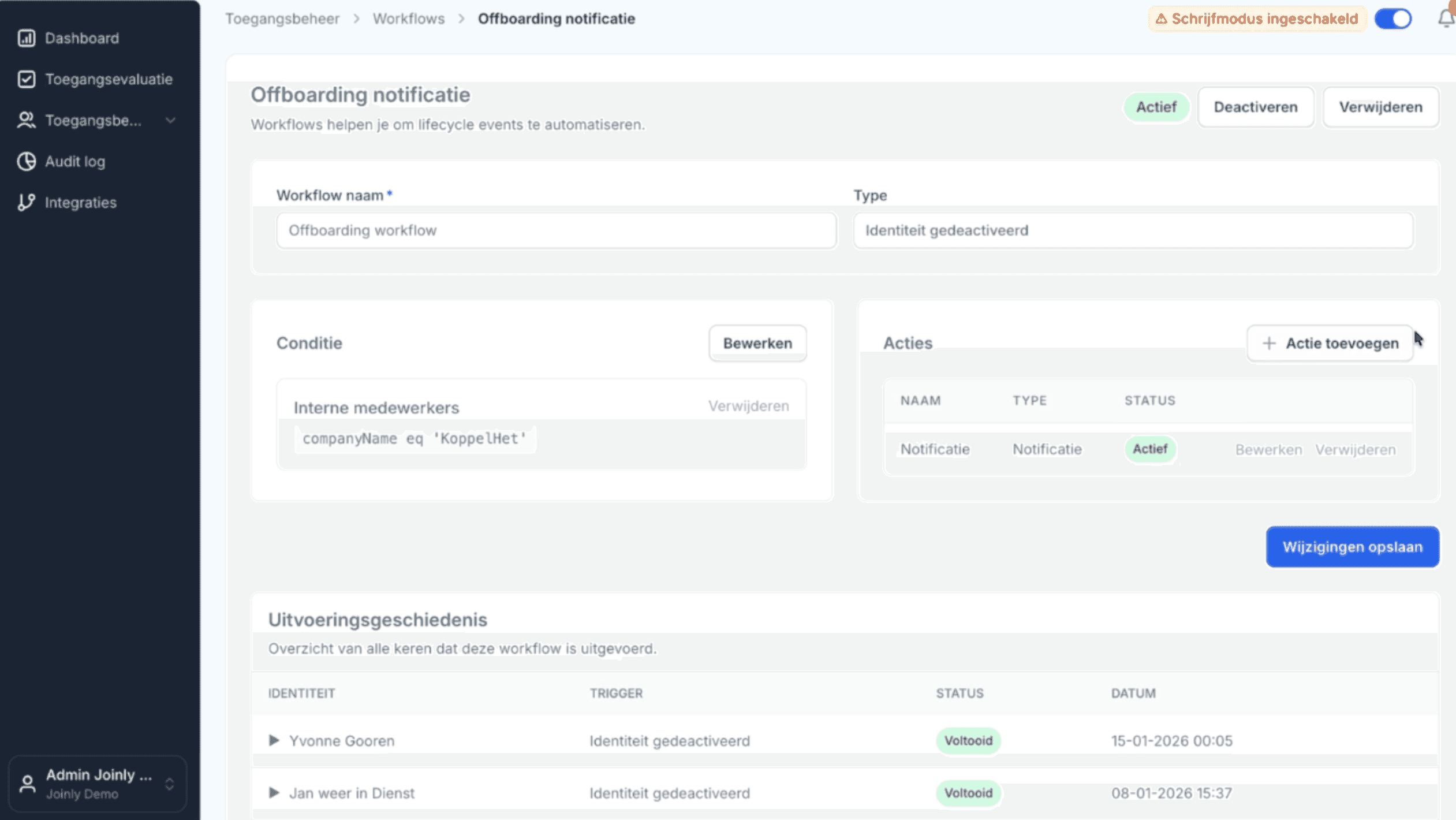 Het Joinly-dashboard met identiteiten, rollen en workflows