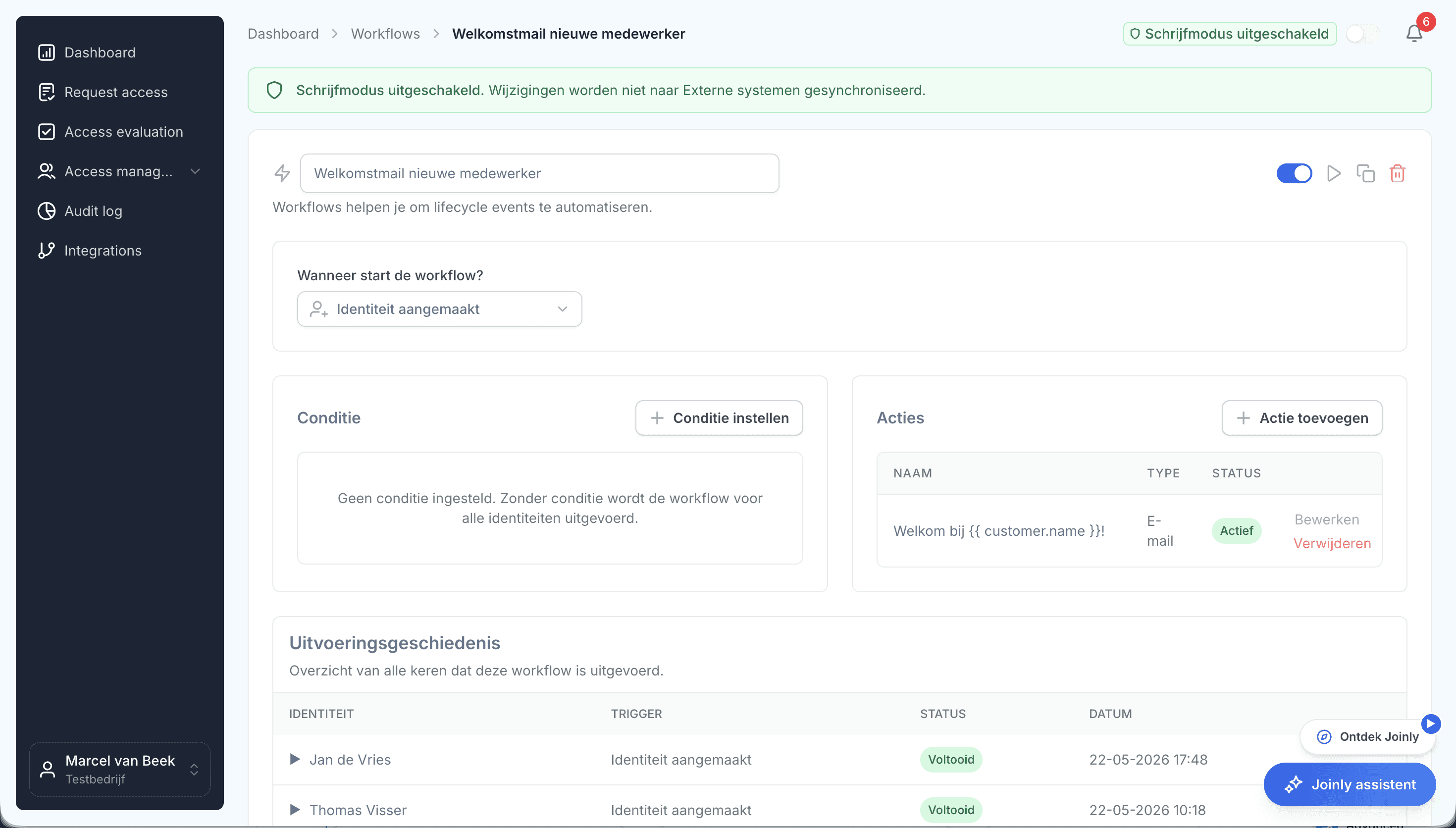 Joinly-scherm met de workflow ‘Welkomstmail nieuwe medewerker’