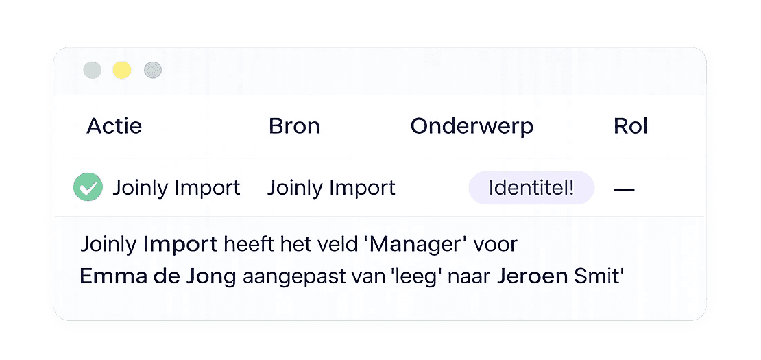 Auditlog in Joinly met kolommen voor actie, bron, onderwerp en rol