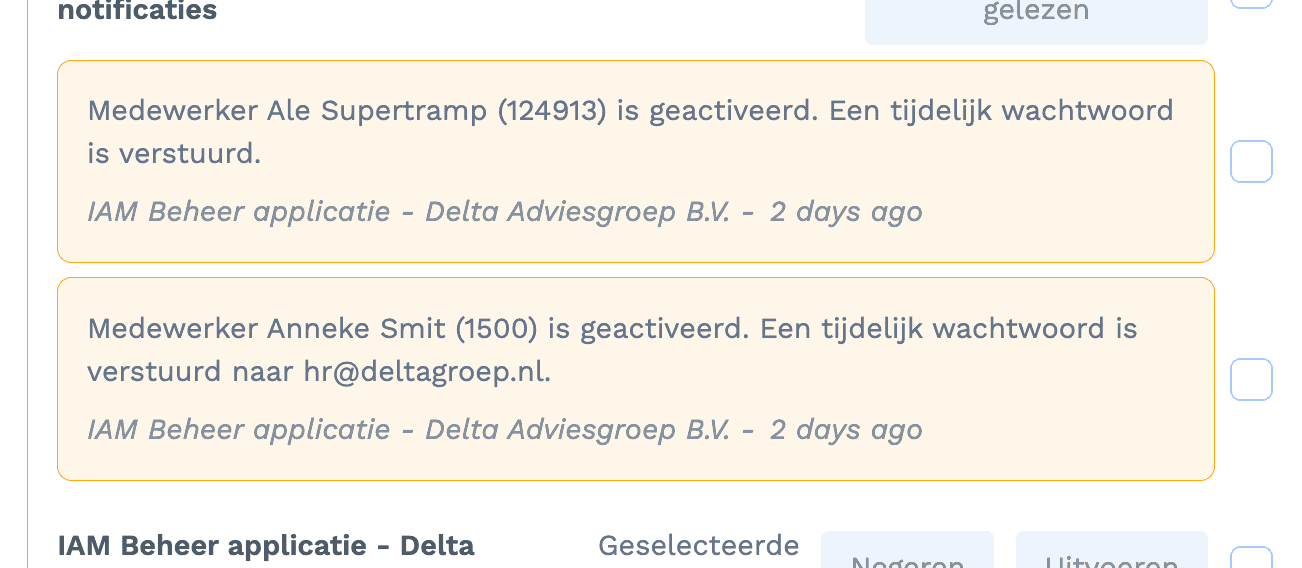 Het activiteitenlog in Joinly: notificaties per medewerker en bronapplicatie, met wat Joinly automatisch heeft uitgevoerd.