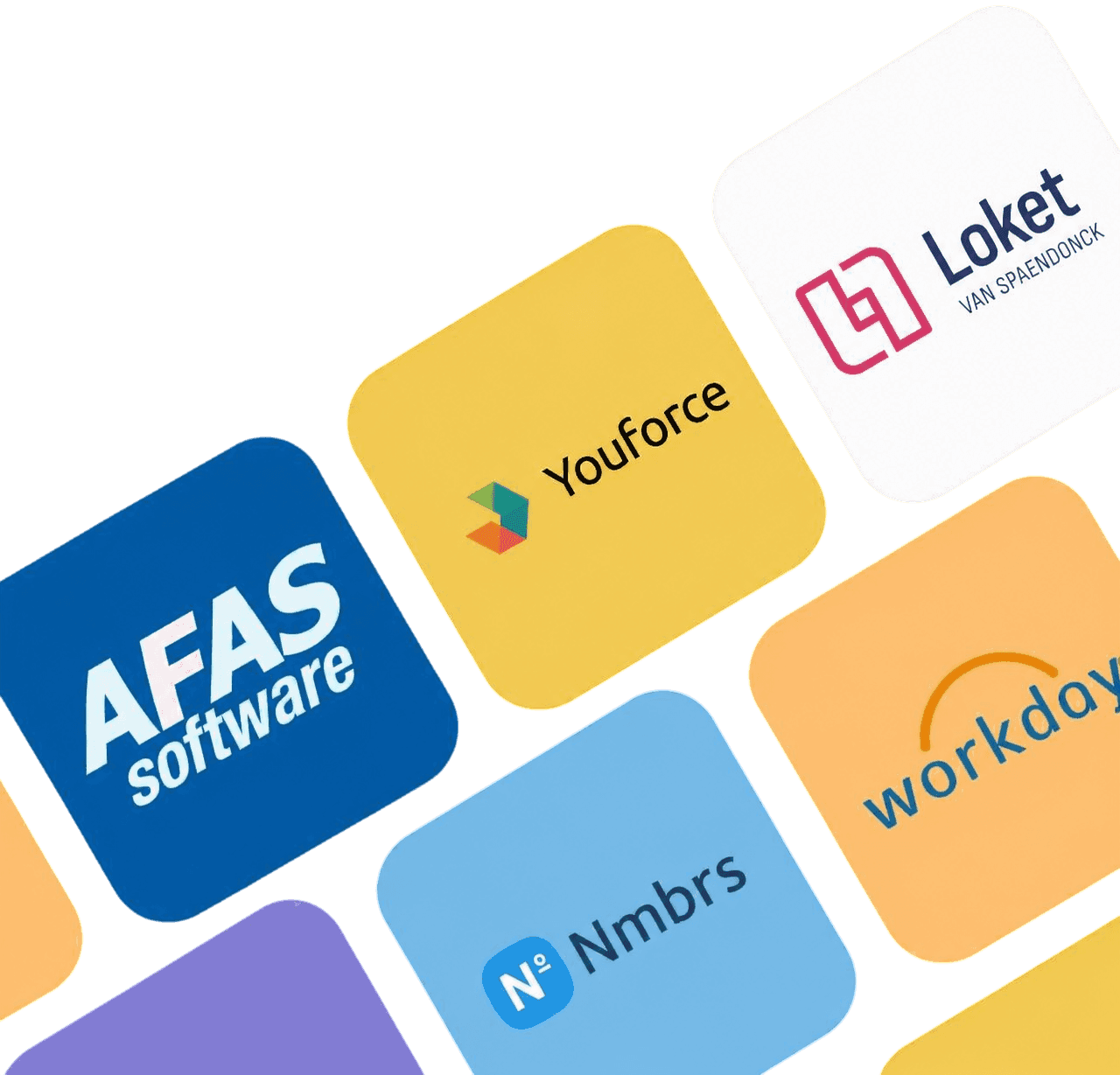 Logo's van HR-systemen waarmee Joinly koppelt: AFAS, Youforce, Loket, Nmbrs en Workday