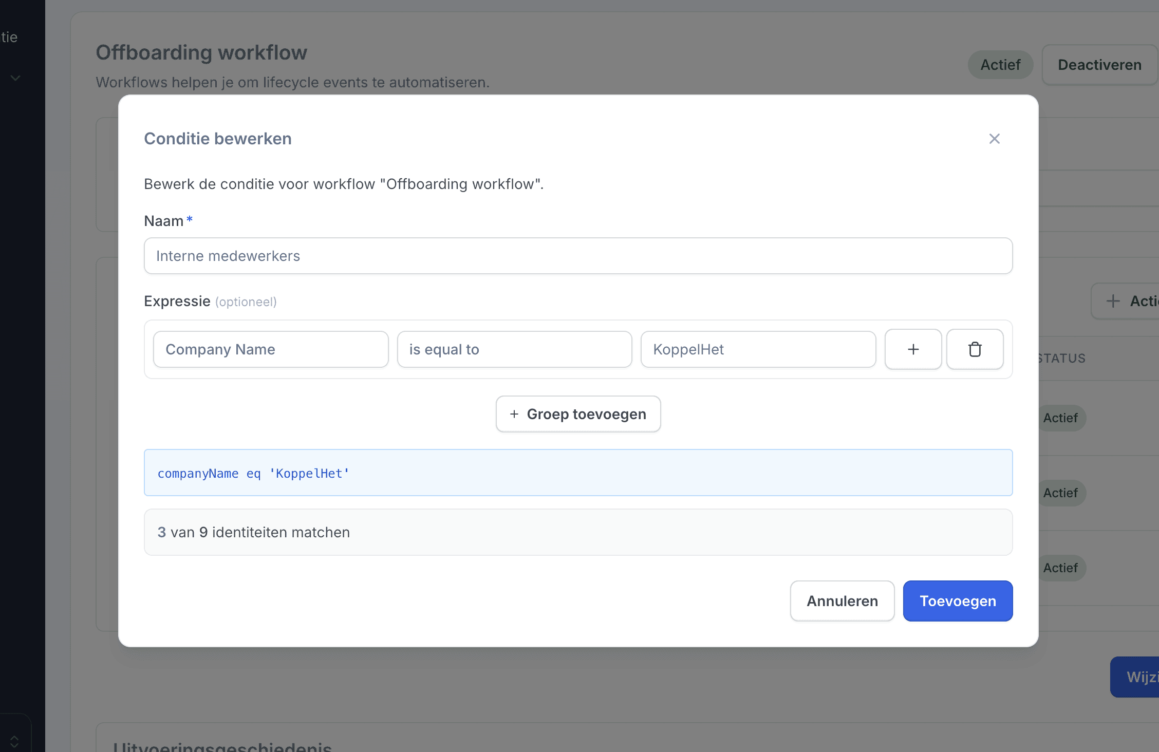 Filters in Joinly waarmee je een workflow op specifieke medewerkers of afdelingen richt.