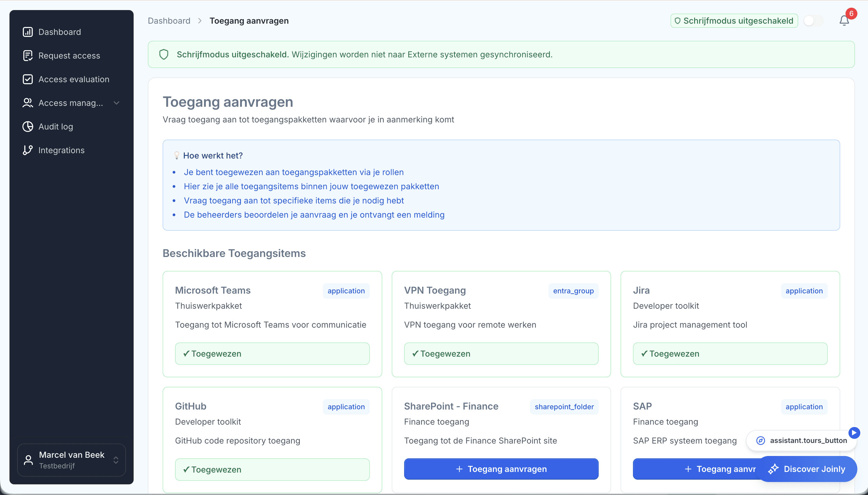 Een self-service toegangsverzoek in Joinly dat naar de manager gaat.