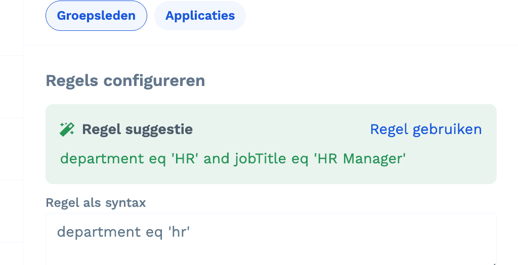 Een toewijzingsregel in Joinly die op basis van functie en afdeling bepaalt wie welke groep krijgt.