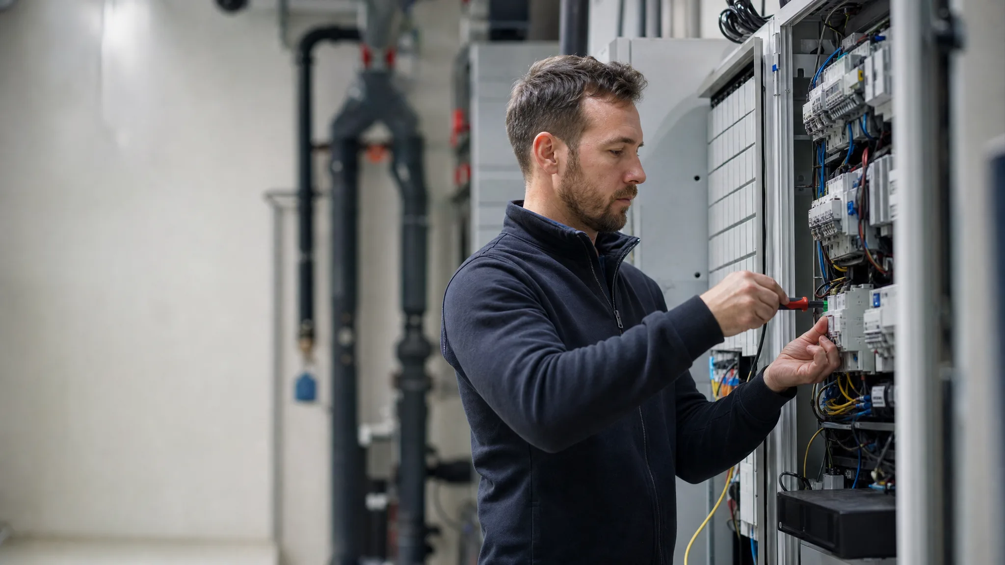 Een installatiemonteur werkt aan een regelkast in een technische ruimte