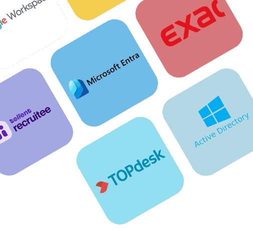Logo's van doelapplicaties: Microsoft Entra, Active Directory, TOPdesk, Exact, Recruitee en Google Workspace
