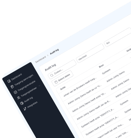 Het auditlog in Joinly: alle lifecycle-acties met tijdstip, systeem en uitvoerder.