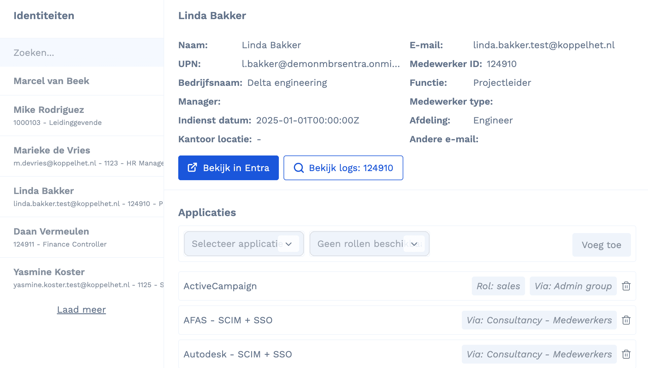 Het identiteitsoverzicht in Joinly: per medewerker de gegevens uit HR en alle gekoppelde applicaties en rollen, met een directe link naar Entra en de audit logs.