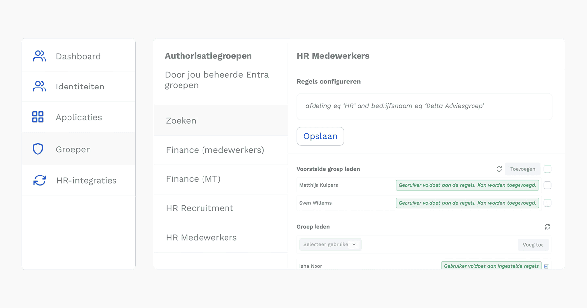Een regel-gebaseerde autorisatiegroep in Joinly: lidmaatschap bepaald door een voorwaarde, met voorgestelde leden die automatisch aan de regels voldoen.