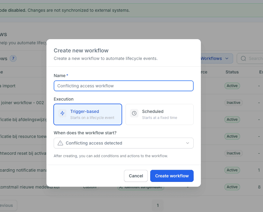 Een workflow in Joinly die bij een functiescheidingsconflict de leidinggevende inseint en een goedkeuring start.