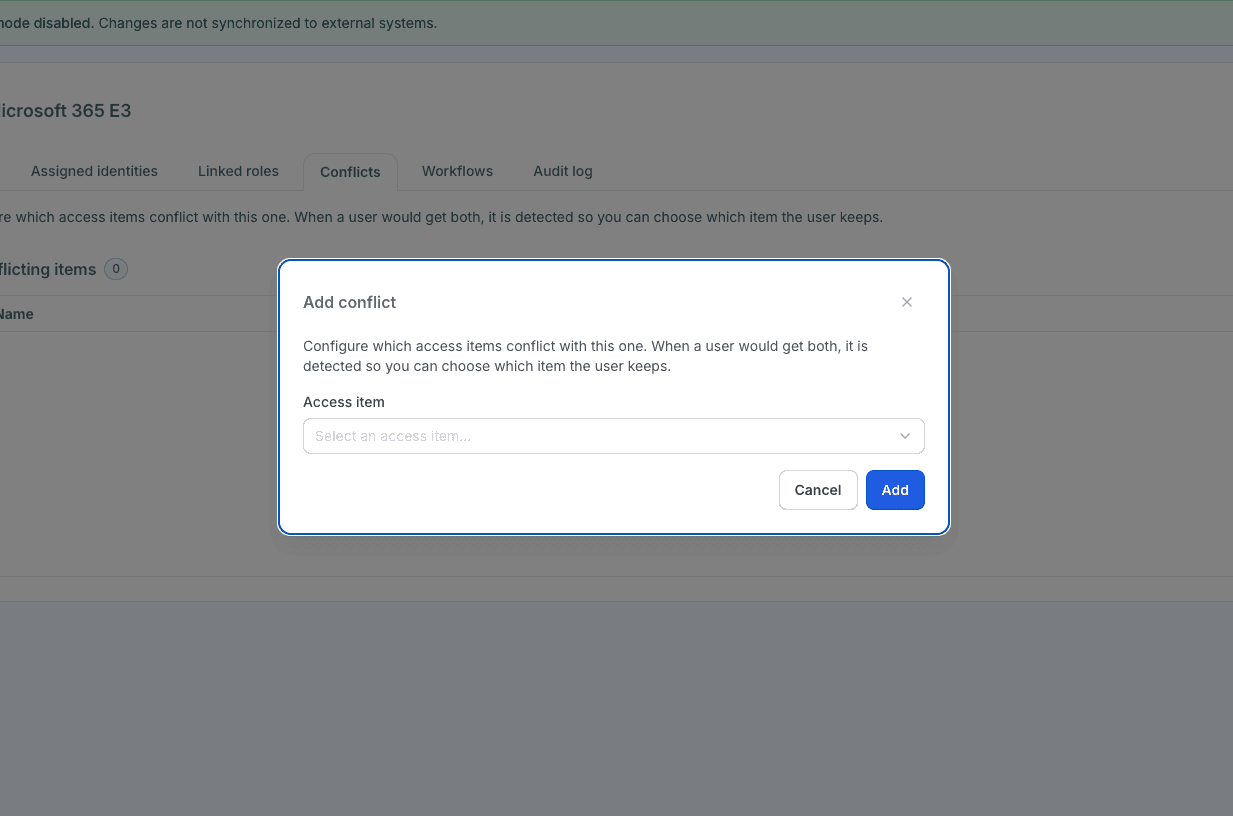 Het instellen van een conflict in Joinly: op het tabblad Conflicts bepaal je welke toegangsitems niet samen mogen, zodat Joinly de combinatie tegenhoudt.