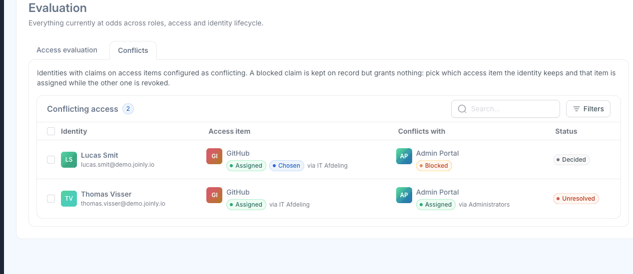 Openstaande functiescheidingsconflicten in Joinly: nieuwe botsingen wachten op een keuze, bestaande toegang blijft staan.