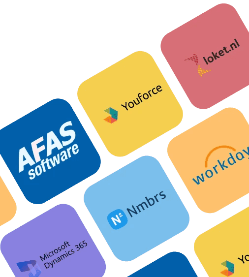 De HR-systemen die Joinly als bron gebruikt: onder meer AFAS, YouForce, Nmbrs, Workday, Loket.nl en Dynamics 365.