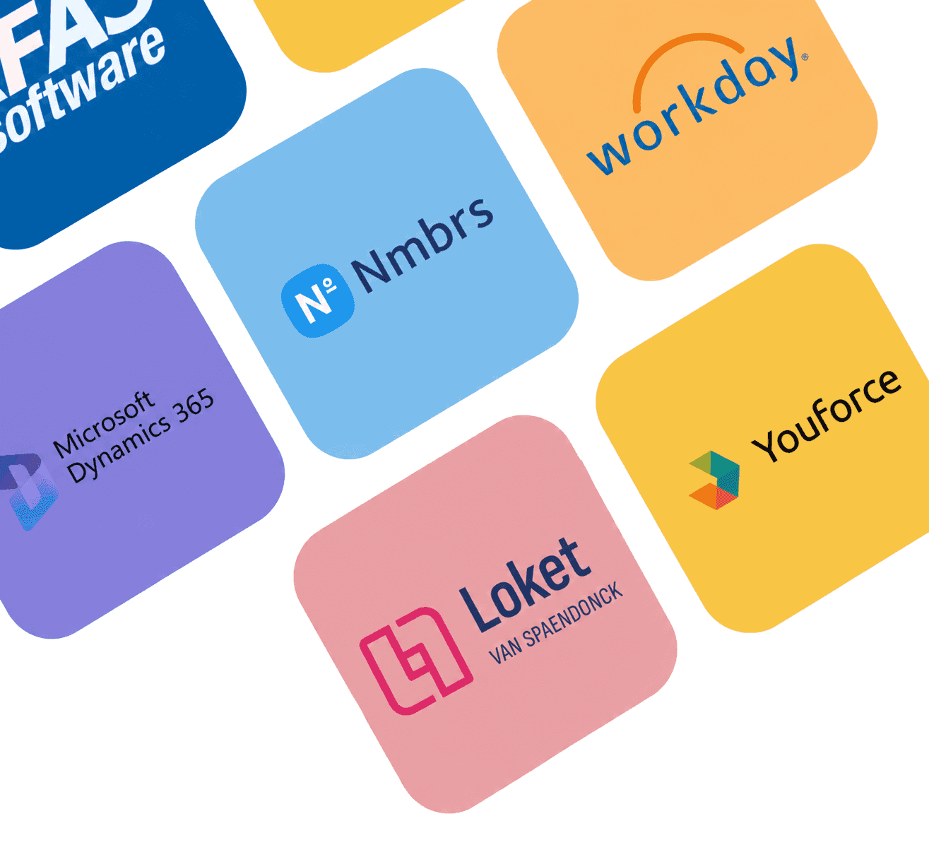 Logo's van HR-systemen: AFAS, Nmbrs, Workday, Youforce, Loket en Microsoft Dynamics 365