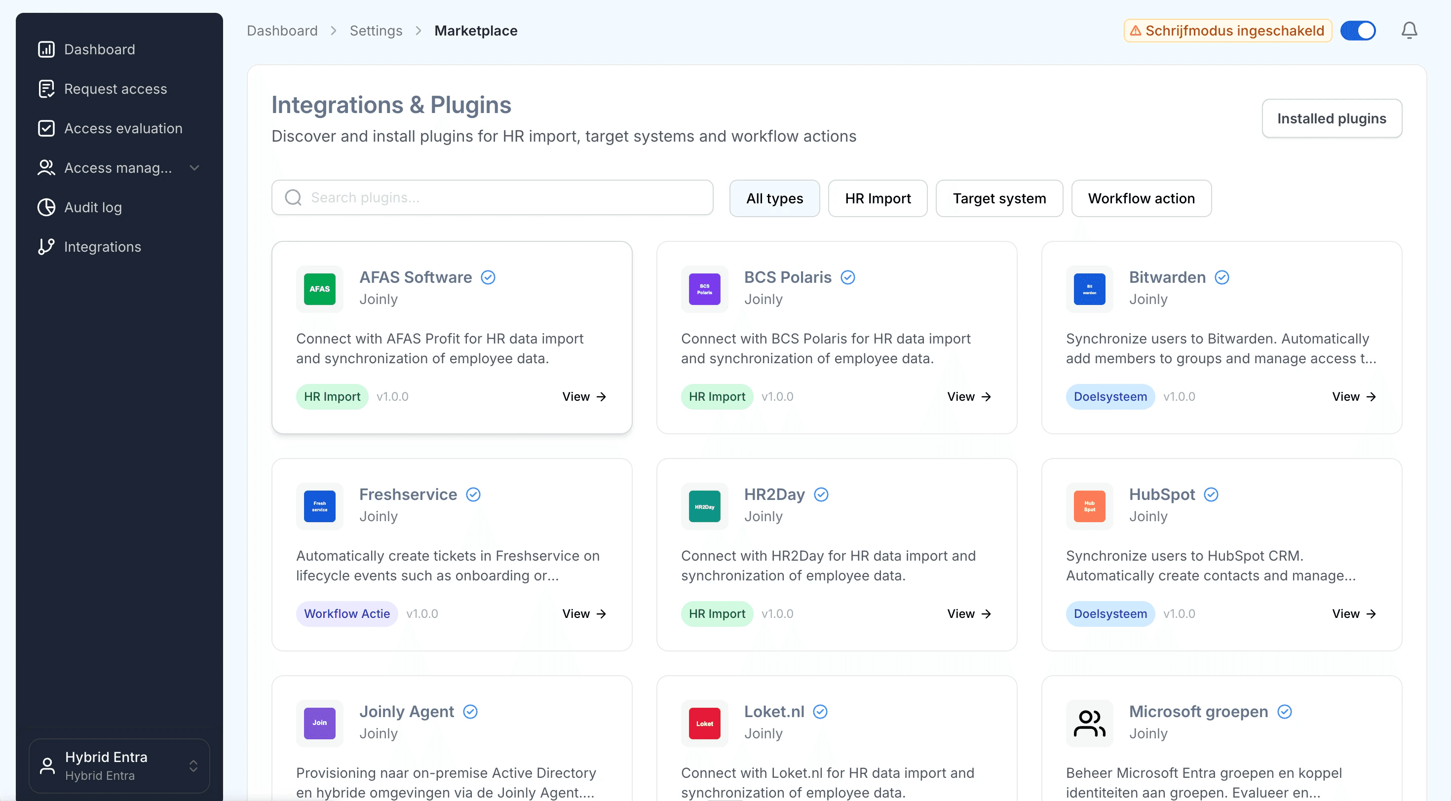 Joinly marketplace showing available HR integrations
