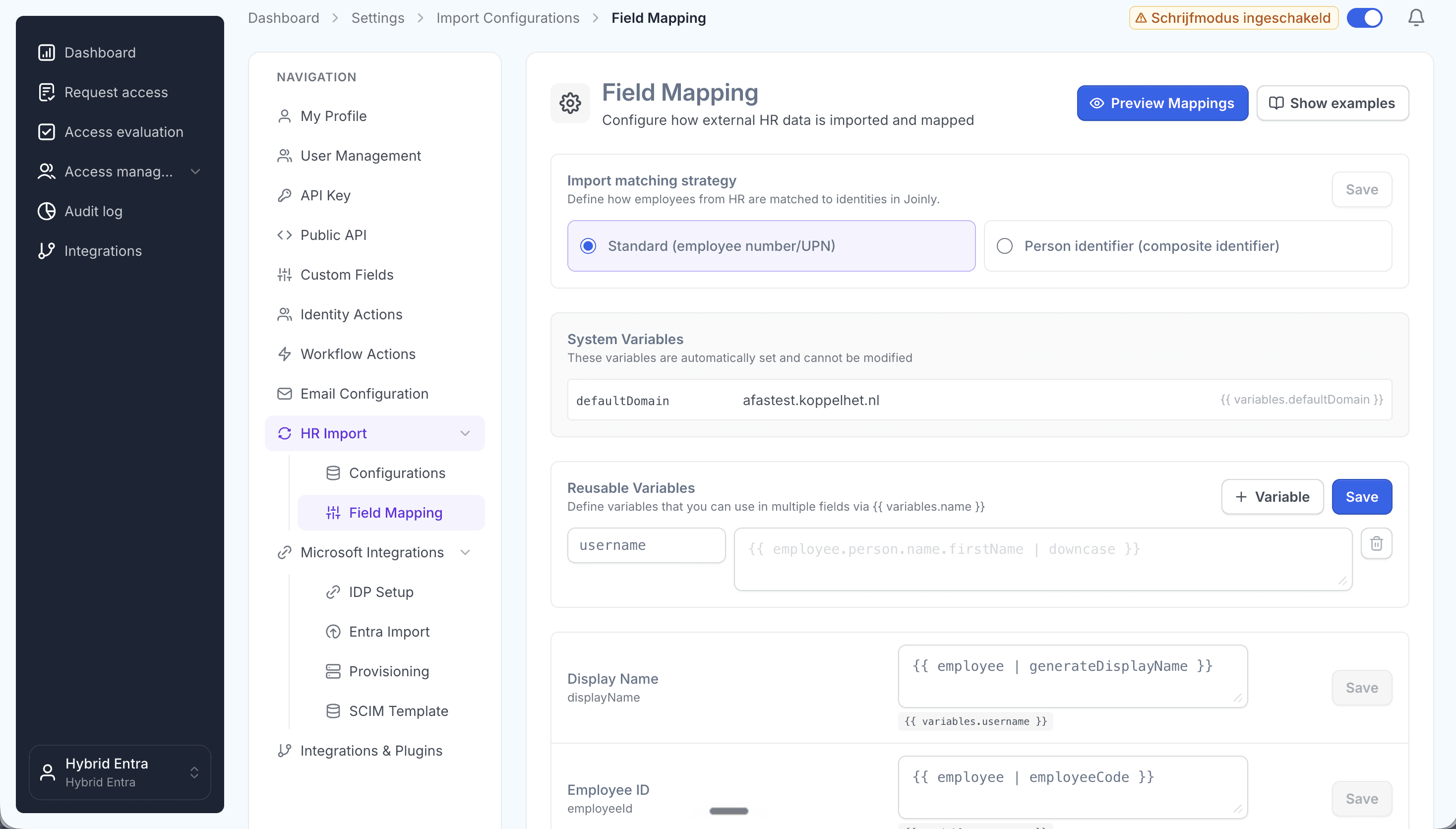 Joinly field mapping screen for BCS HR attributes using Liquid templates