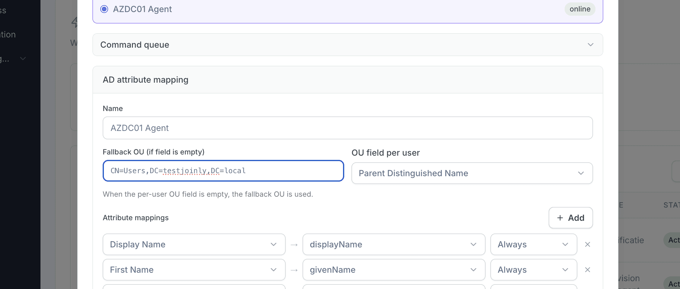 Joinly field mapping screen for Acerta to Active Directory attributes